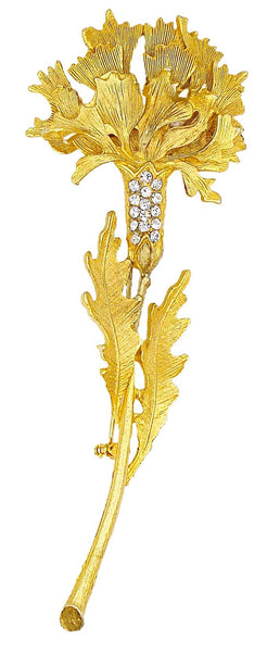 5" Flower Brooch Textured Gold Tone Crystal Rhinestone Accents