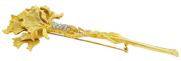5" Flower Brooch Textured Gold Tone Crystal Rhinestone Accents