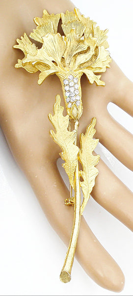 5" Flower Brooch Textured Gold Tone Crystal Rhinestone Accents