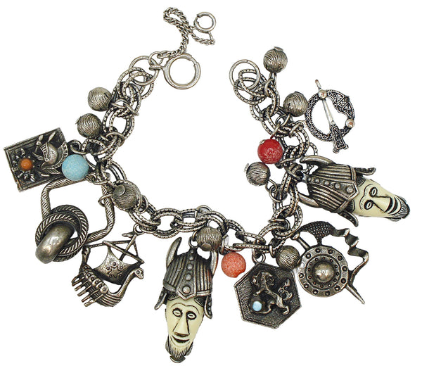 Norseman Viking Themed Chunky Charm Bracelet Antq. Silver Tone 7" x 1 3/4"