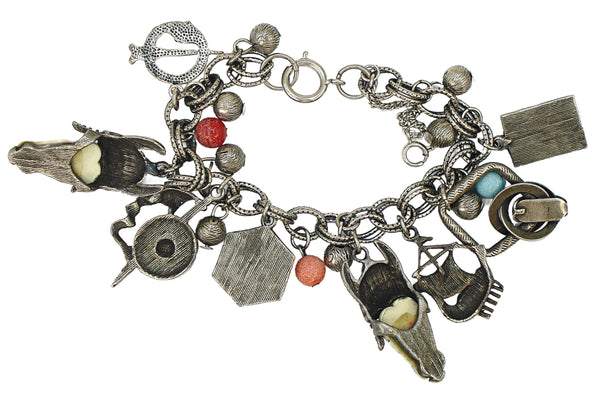 Norseman Viking Themed Chunky Charm Bracelet Antq. Silver Tone 7" x 1 3/4"