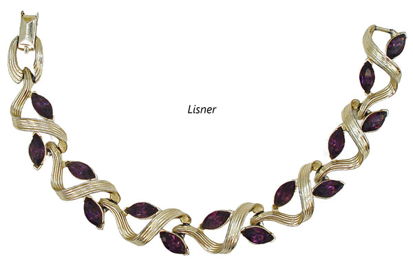 Lisner Bracelet Gold Tone Textured Ribbon 10x5mm Amethyst Marquises 7" x 1/2"