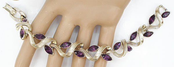 Lisner Bracelet Gold Tone Textured Ribbon 10x5mm Amethyst Marquises 7" x 1/2"