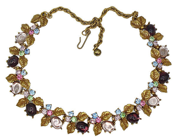 Unsigned Florenza? Necklace Antq. Gold Tone Leaves Asst. Pastel Colors  16" x 3/4"