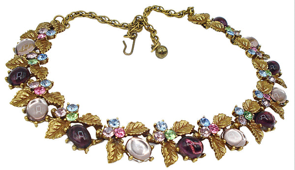 Unsigned Florenza? Necklace Antq. Gold Tone Leaves Asst. Pastel Colors  16" x 3/4"
