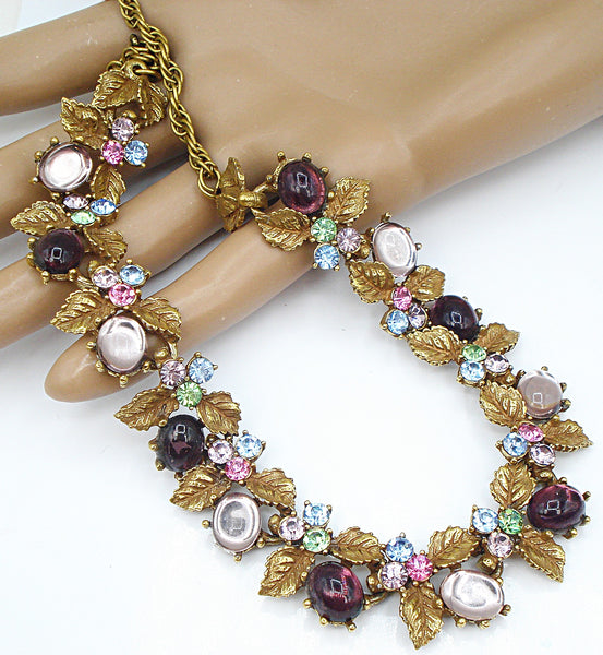 Unsigned Florenza? Necklace Antq. Gold Tone Leaves Asst. Pastel Colors  16" x 3/4"