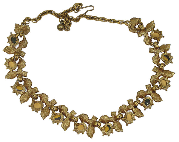 Unsigned Florenza? Necklace Antq. Gold Tone Leaves Asst. Pastel Colors  16" x 3/4"