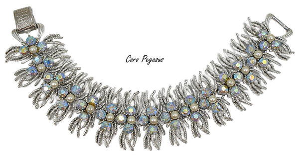 Coro Pegasus Bracelet Silver Tone Shag Fringe Lt Sapphire AB Faux Pearls 7" x 1 1/4"