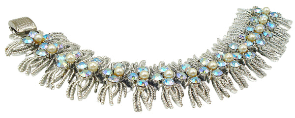 Coro Pegasus Bracelet Silver Tone Shag Fringe Lt Sapphire AB Faux Pearls 7" x 1 1/4"