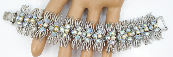 Coro Pegasus Bracelet Silver Tone Shag Fringe Lt Sapphire AB Faux Pearls 7" x 1 1/4"