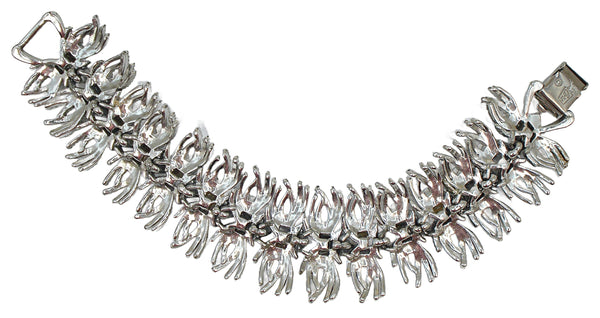 Coro Pegasus Bracelet Silver Tone Shag Fringe Lt Sapphire AB Faux Pearls 7" x 1 1/4"