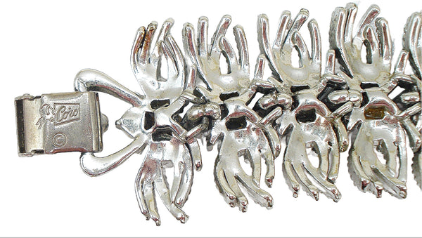 Coro Pegasus Bracelet Silver Tone Shag Fringe Lt Sapphire AB Faux Pearls 7" x 1 1/4"