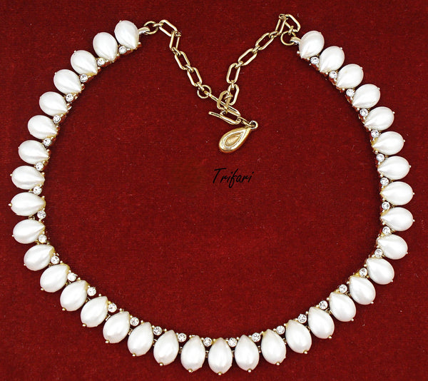 Trifari Choker Necklace Snow White Pear Pearl Cabochons Crystal Rhinestone Accents 17" x 1/2"