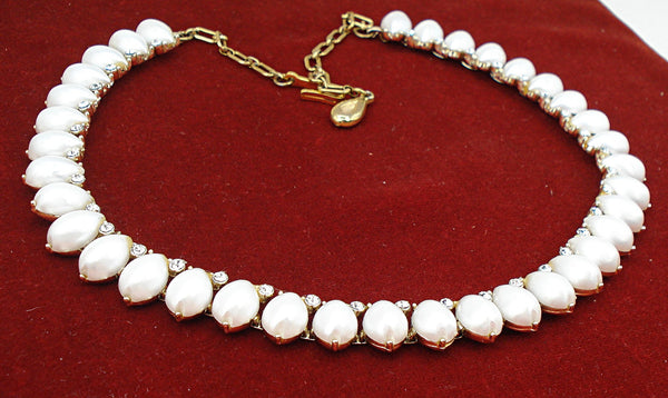 Trifari Choker Necklace Snow White Pear Pearl Cabochons Crystal Rhinestone Accents 17" x 1/2"