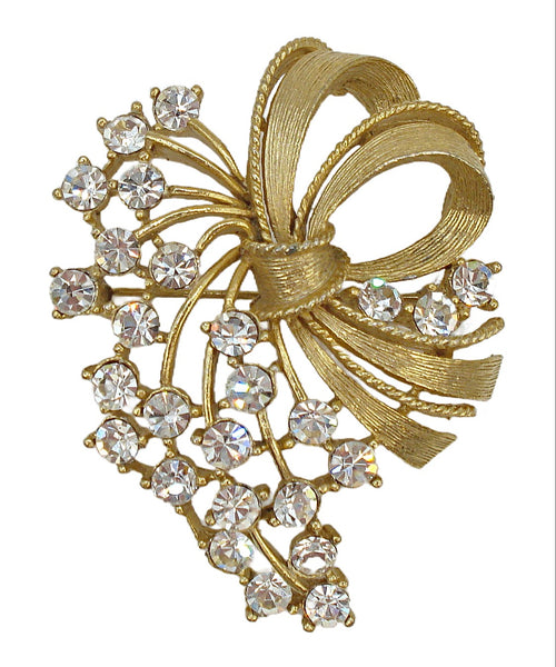 Lisner Gold Tone Brooch Bow Ribbon Rhinestones 2.5"