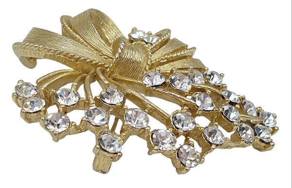 Lisner Gold Tone Brooch Bow Ribbon Rhinestones 2.5"