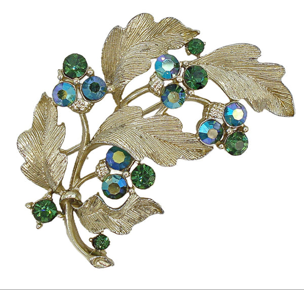 Lisner Gold Tone Leaf Brooch Green AB Rhinestones 2 1/4"