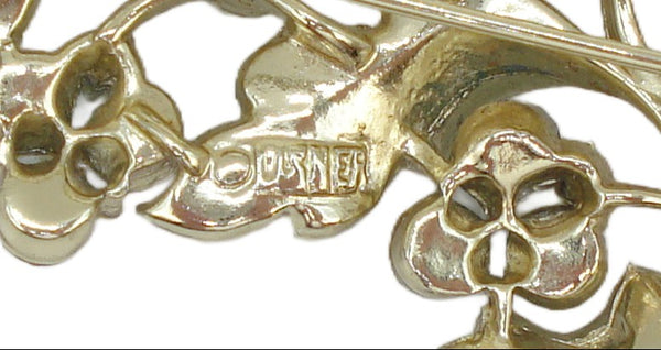 Lisner Gold Tone Leaf Brooch Green AB Rhinestones 2 1/4"