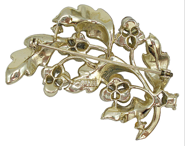 Lisner Gold Tone Leaf Brooch Green AB Rhinestones 2 1/4"