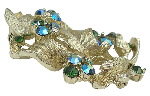 Lisner Gold Tone Leaf Brooch Green AB Rhinestones 2 1/4"