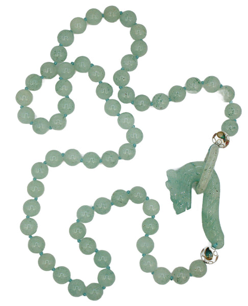 Vintage Necklace Knotted 10mm Aventurine Beaded Carved Jade? Dragon Hook Toggle 30"