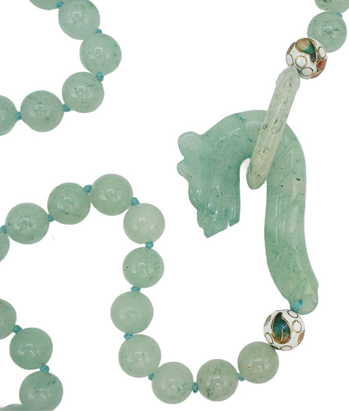 Vintage Necklace Knotted 10mm Aventurine Beaded Carved Jade? Dragon Hook Toggle 30"