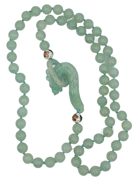 Vintage Necklace Knotted 10mm Aventurine Beaded Carved Jade? Dragon Hook Toggle 30"