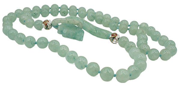 Vintage Necklace Knotted 10mm Aventurine Beaded Carved Jade? Dragon Hook Toggle 30"