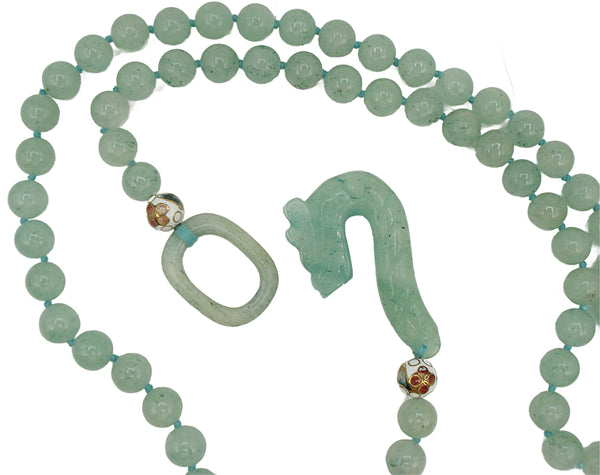 Vintage Necklace Knotted 10mm Aventurine Beaded Carved Jade? Dragon Hook Toggle 30"
