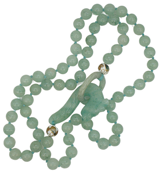 Vintage Necklace Knotted 10mm Aventurine Beaded Carved Jade? Dragon Hook Toggle 30"