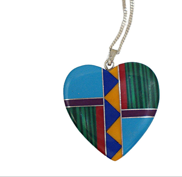 Vintage 1 1/4" Southwest Mosaic Gemstone Heart Pendant 18" Sterling Silver Chain