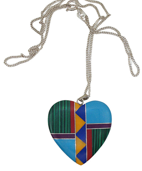 Vintage 1 1/4" Southwest Mosaic Gemstone Heart Pendant 18" Sterling Silver Chain