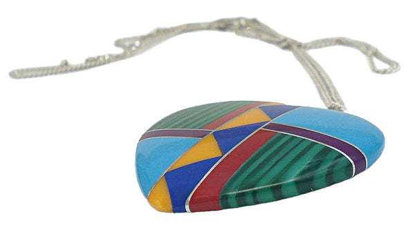 Vintage 1 1/4" Southwest Mosaic Gemstone Heart Pendant 18" Sterling Silver Chain