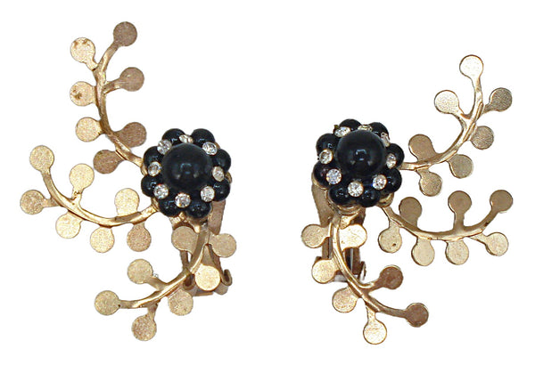 2" Spray Clip On Earrings Gold Tone Black Flowers Crystal Rhinestones