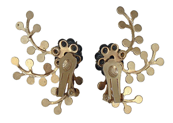 2" Spray Clip On Earrings Gold Tone Black Flowers Crystal Rhinestones