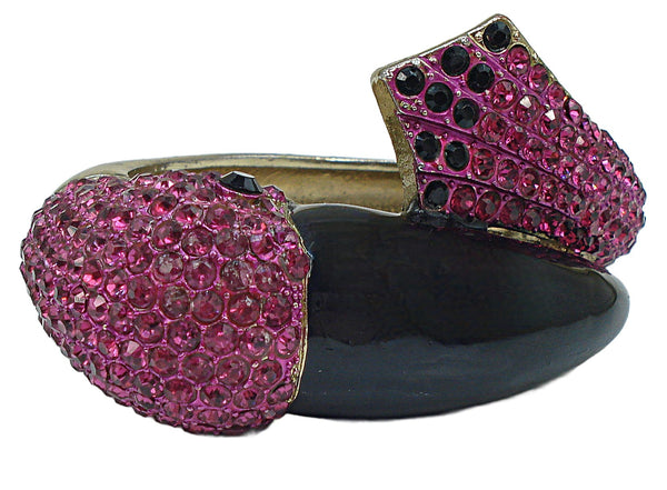 Big Clamper Bracelet Pink Fuchsia Flamingo Black Enamel Gold Tone