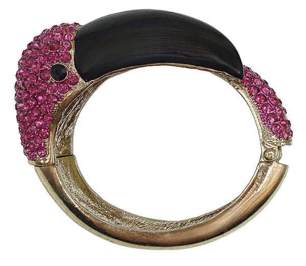 Big Clamper Bracelet Pink Fuchsia Flamingo Black Enamel Gold Tone