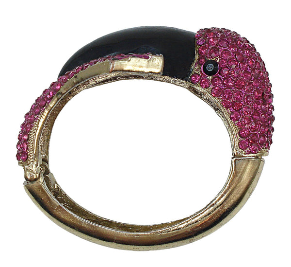 Big Clamper Bracelet Pink Fuchsia Flamingo Black Enamel Gold Tone
