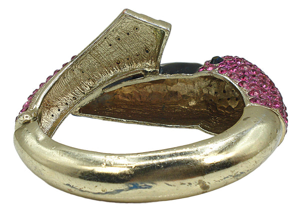 Big Clamper Bracelet Pink Fuchsia Flamingo Black Enamel Gold Tone