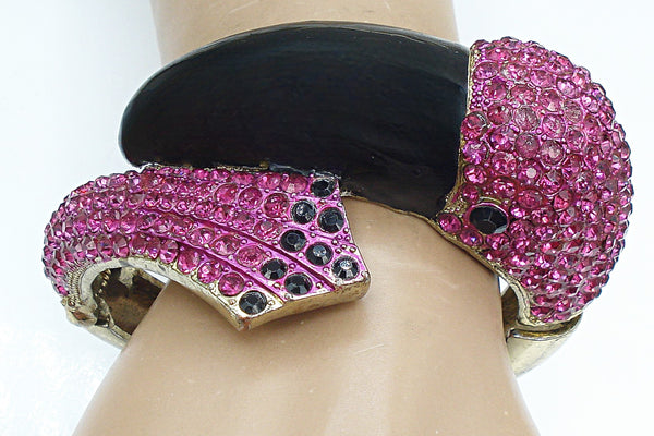 Big Clamper Bracelet Pink Fuchsia Flamingo Black Enamel Gold Tone