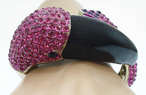 Big Clamper Bracelet Pink Fuchsia Flamingo Black Enamel Gold Tone