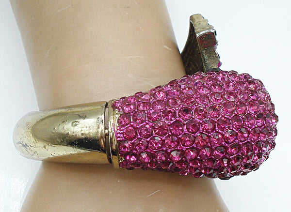 Big Clamper Bracelet Pink Fuchsia Flamingo Black Enamel Gold Tone