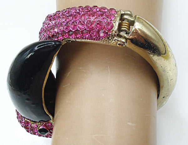 Big Clamper Bracelet Pink Fuchsia Flamingo Black Enamel Gold Tone