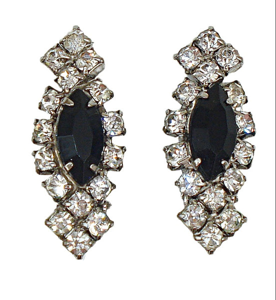 1 1/4" Clip On Earrings Silver Tone Prong Set Jet Marquises Crystal Rhinestones