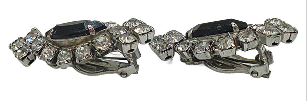 1 1/4" Clip On Earrings Silver Tone Prong Set Jet Marquises Crystal Rhinestones
