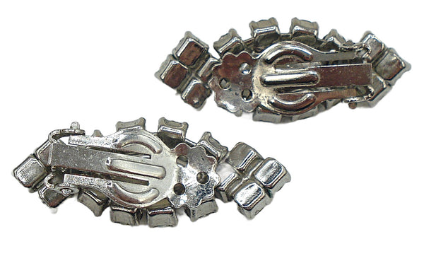 1 1/4" Clip On Earrings Silver Tone Prong Set Jet Marquises Crystal Rhinestones