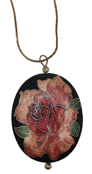 2 1/4" Plump Cloisonne Pendant Necklace Black with Pink Redish Rose Flower Enamel