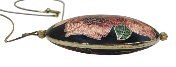 2 1/4" Plump Cloisonne Pendant Necklace Black with Pink Redish Rose Flower Enamel