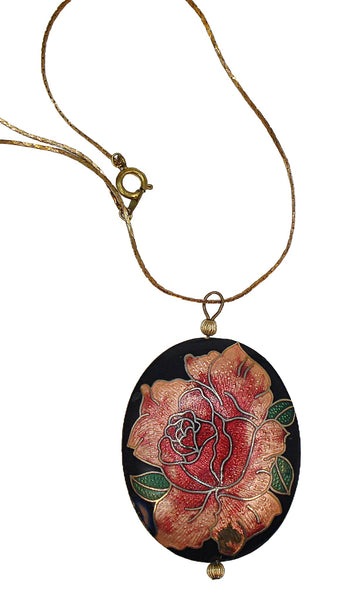 2 1/4" Plump Cloisonne Pendant Necklace Black with Pink Redish Rose Flower Enamel