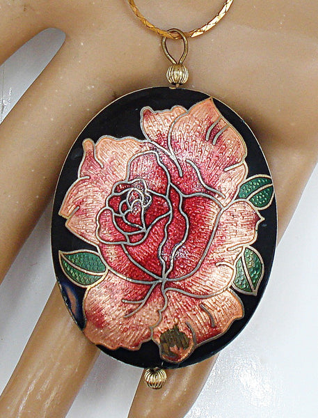 2 1/4" Plump Cloisonne Pendant Necklace Black with Pink Redish Rose Flower Enamel